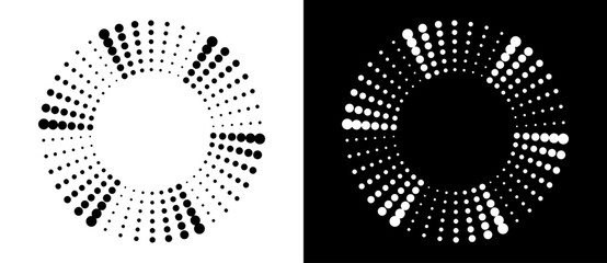 Modern abstract background. Halftone dots in circle form. Spiral logo, icon or design element. Black dots on a white background and white dots on the black side.