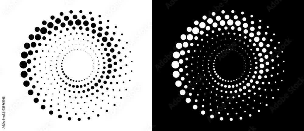 Poster Modern abstract background. Halftone dots in circle form. Spiral logo, icon or design element. Black dots on a white background and white dots on the black side.