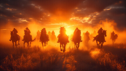 Herd of wild horses running at sunset with dust behind, majestic There is light passing through the dust.