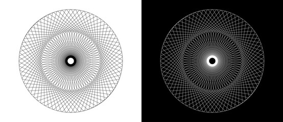 Lines in circle like safety pattern or guilloche for any projects. Black shape on a white background and the same white shape on the black side.