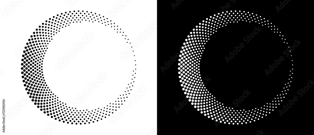 Fototapete Modern abstract background. Halftone dots in circle form. Letter C like logo, icon or design element. Black dots on a white background and white dots on the black side.