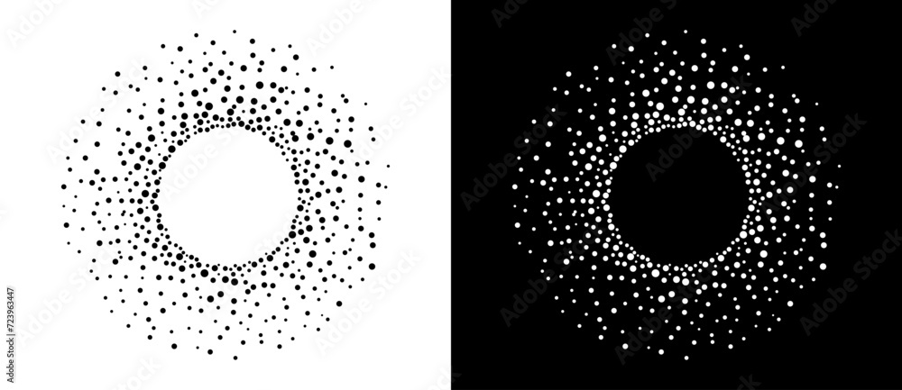 Poster Modern abstract background with dots in circle form. Logo, icon or design element. Black dots on a white background and white dots on the black side.