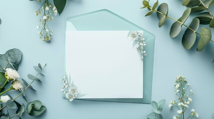 mock up of a wedding invitation card, sky blue color, floral design   - obrazy, fototapety, plakaty