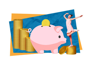 Minimal 3d collage cashback savings piggy bank woman collect money put coin inside wealth feel good carefree isolated on blue color background