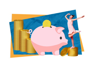 Minimal 3d collage cashback savings piggy bank woman collect money put coin inside wealth feel good carefree isolated on blue color background