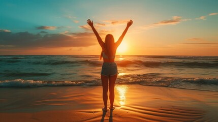 Fototapeta premium Woman Standing on Top of Sandy Beach Next to Ocean Generative AI