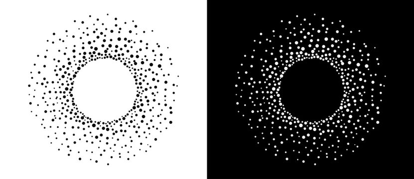 Modern abstract background with dots in circle form. Logo, icon or design element. Black dots on a white background and white dots on the black side.