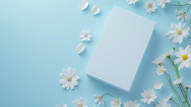 mock up of a wedding invitation card, sky blue color, floral design  