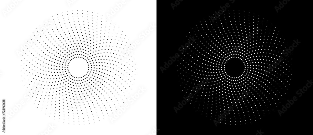 Aufkleber Modern abstract background. Halftone dots in circle form. Spiral logo, icon or design element. Black dots on a white background and white dots on the black side.