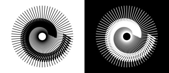 Spiral ans circle with lines as dynamic abstract vector background or logo or icon. Black shape on a white background and the same white shape on the black side.