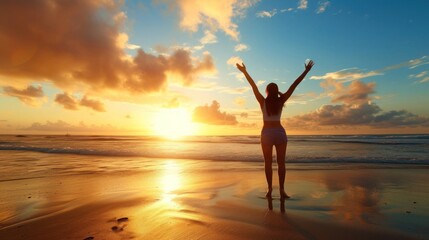 Joyful Woman Embracing the Openness of a Beach Setting Generative AI