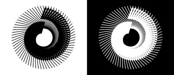 Spiral ans circle with lines as dynamic abstract vector background or logo or icon. Black shape on a white background and the same white shape on the black side.