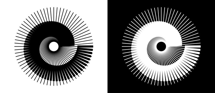 Spiral ans circle with lines as dynamic abstract vector background or logo or icon. Black shape on a white background and the same white shape on the black side.