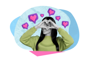 Photo creative picture 3d collage poster postcard of cheerful glad cute lady demonstrate heart isolated on drawing background