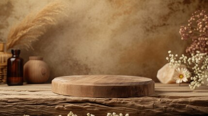 Rustic wooden podium on natural brown background for product display, wooden podium Background for perfume and cosmetic products, rustic wooden product background,  