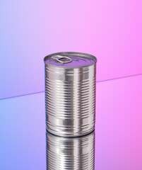 Concept of food stocks. Metal can of food.
