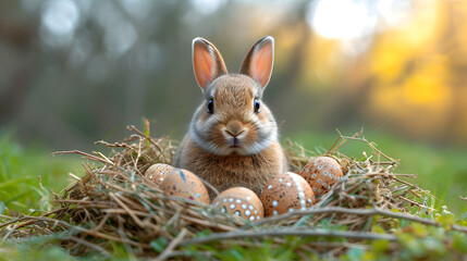 Fototapeta na wymiar Rabbit Sitting in Nest With Eggs