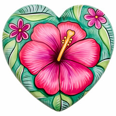 Hibiscus floral heart shaped inspired by Mexican folk art, AI Generated