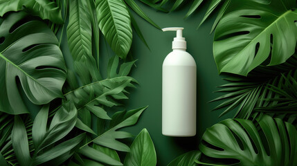 White blank tall shampoo bottle with tropical leaves on the green background with copy space, template mockup for cosmetic packaging, product advertising concept.