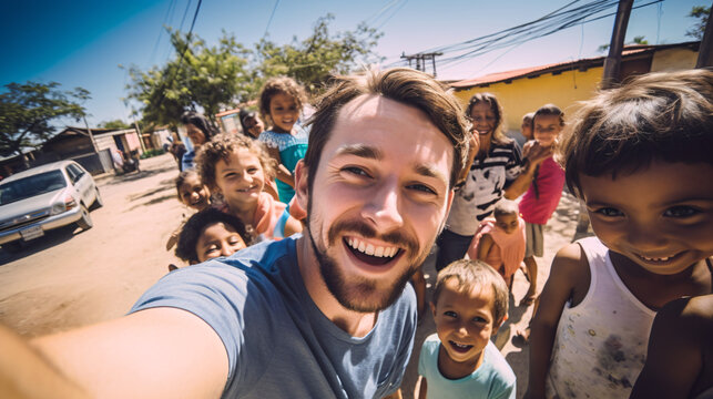 Smiling man taking a selfie with kids / children in the middle east on the playground.