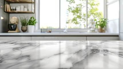 White marble texture table top on blurred kitchen background for montage or display your products commercial shoot 