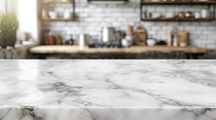 White marble texture table top on blurred kitchen background for montage or display your products...