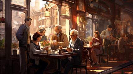 Everyday life scene in a cozy cafe, people enjoying their coffee, capturing the essence of daily small joys