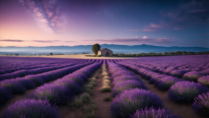 Picturesque lavender fields in full bloom under a clear starry night sky. Wide format.