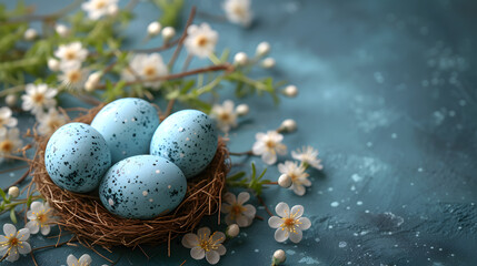 Naklejka na ściany i meble Nest of Blue Eggs on Blue Surface