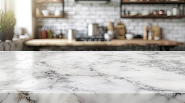 White marble texture table top on blurred kitchen background for montage or display your products commercial shoot  