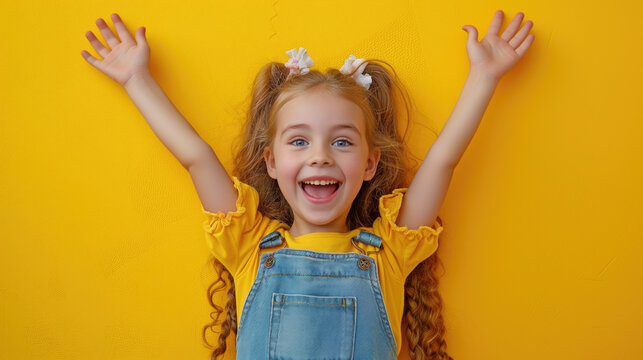 Portrait Of Young Excited Shocked Crazy Smiling Girl Child Kid. Isolated On Yellow Color Background.