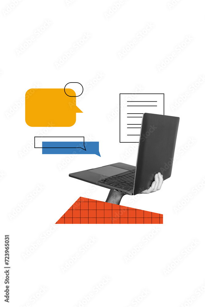 Fototapete vertical creative retro photo collage of hand hold laptop netbook with message notification text bub