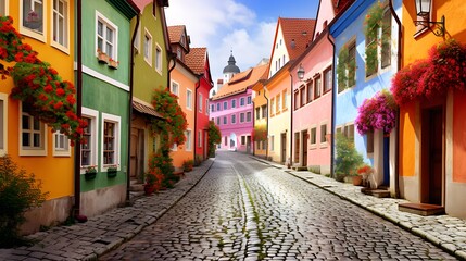 Fototapeta na wymiar Colorful street in the old town of Cesky Krumlov, Czech Republic