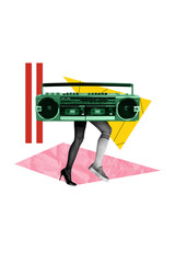 Vertical collage picture of headless disco player cassette player boombox recorder nostalgia pop...
