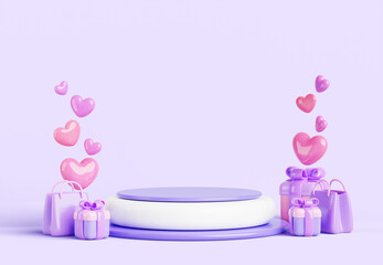 3d podium display with gift boxes, shopping bags and pink hearts. Valentine or wedding day empty stage, platform with love package for product presentation on purple render background. 3D illustration