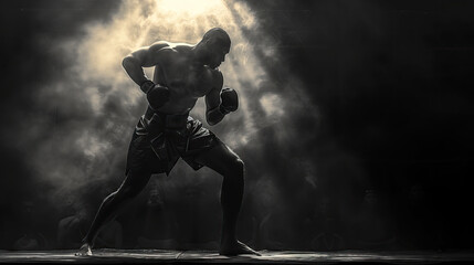 Black and white picture of Thai boxer. The art of Muay Thai The posture is elegant and powerful.