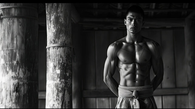 Black and white picture of Thai boxer. The art of Muay Thai 