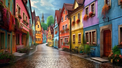 Colorful street in the old town of Cesky Krumlov, Czech Republic - obrazy, fototapety, plakaty