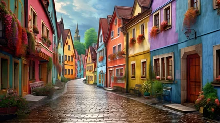 Poster Colorful street in the old town of Cesky Krumlov, Czech Republic © Ziyan