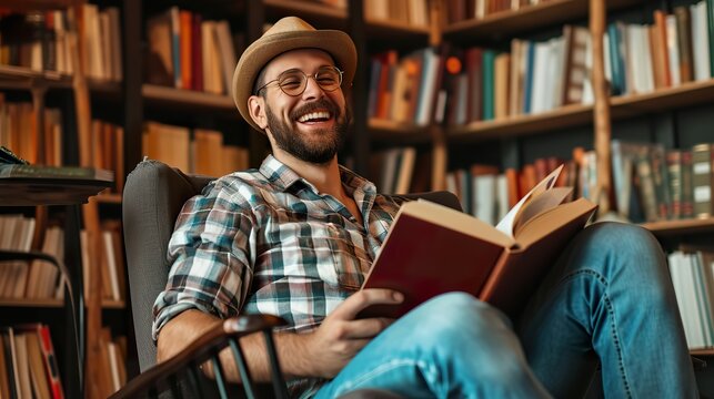 Happy Man Reading a Book, Leisure and Contentment