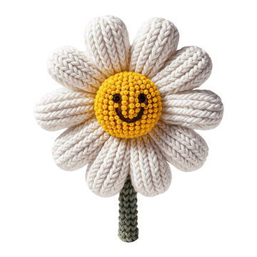 Knitted daisy flower made of wool smiling isolated on a transparent background