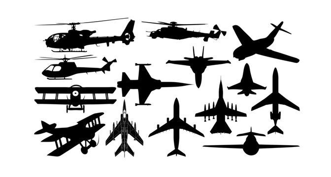 airplane plane flying war military machine, Weapon collection, fighter jets, Set airplane icon. Aircrafts flat style great set collection clip art Silhouette on white background.