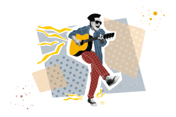 Collage photo of old age senior silhouette man grandfather cool swag playing guitar musical instrument relax isolated on painted background