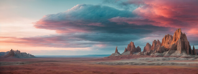 Surreal alien landscape with bizarre rock formations and a multi-colored sky. Wide format.