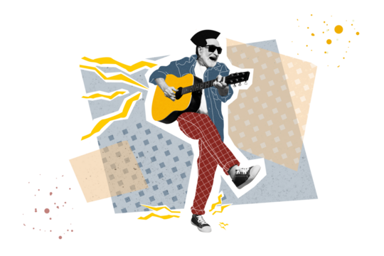 Collage photo of old age senior silhouette man grandfather cool swag playing guitar musical instrument relax isolated on painted background