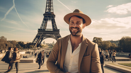Handsome young man is looking at camera and smiling while standing near Eiffel tower in Paris, France
