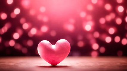 Obraz premium 3d pink heart on wooden table, blurred background with defocused bokeh lights. Valentine's day greeting card, love concept