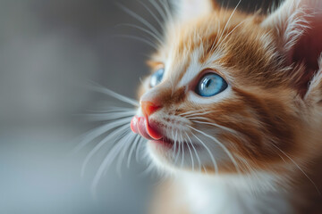 Funny cat licks his lips. Portrait of kitten with beautiful blue eyes background. - obrazy, fototapety, plakaty