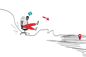 Photo collage artwork of funky excited guy rising office chair achieving aim isolated creative background