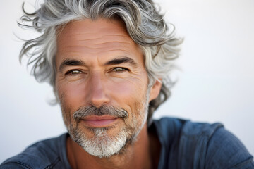 Closeup portrait of gray haired man, joyful and optimistic isolated on light background